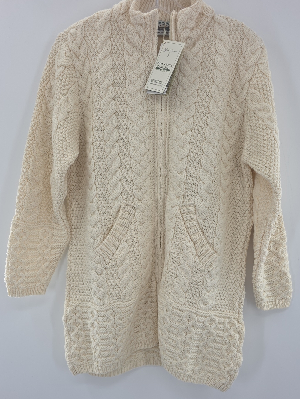 Aran Crafts Cream Cable-Pattern Zip Cardigan with Pockets